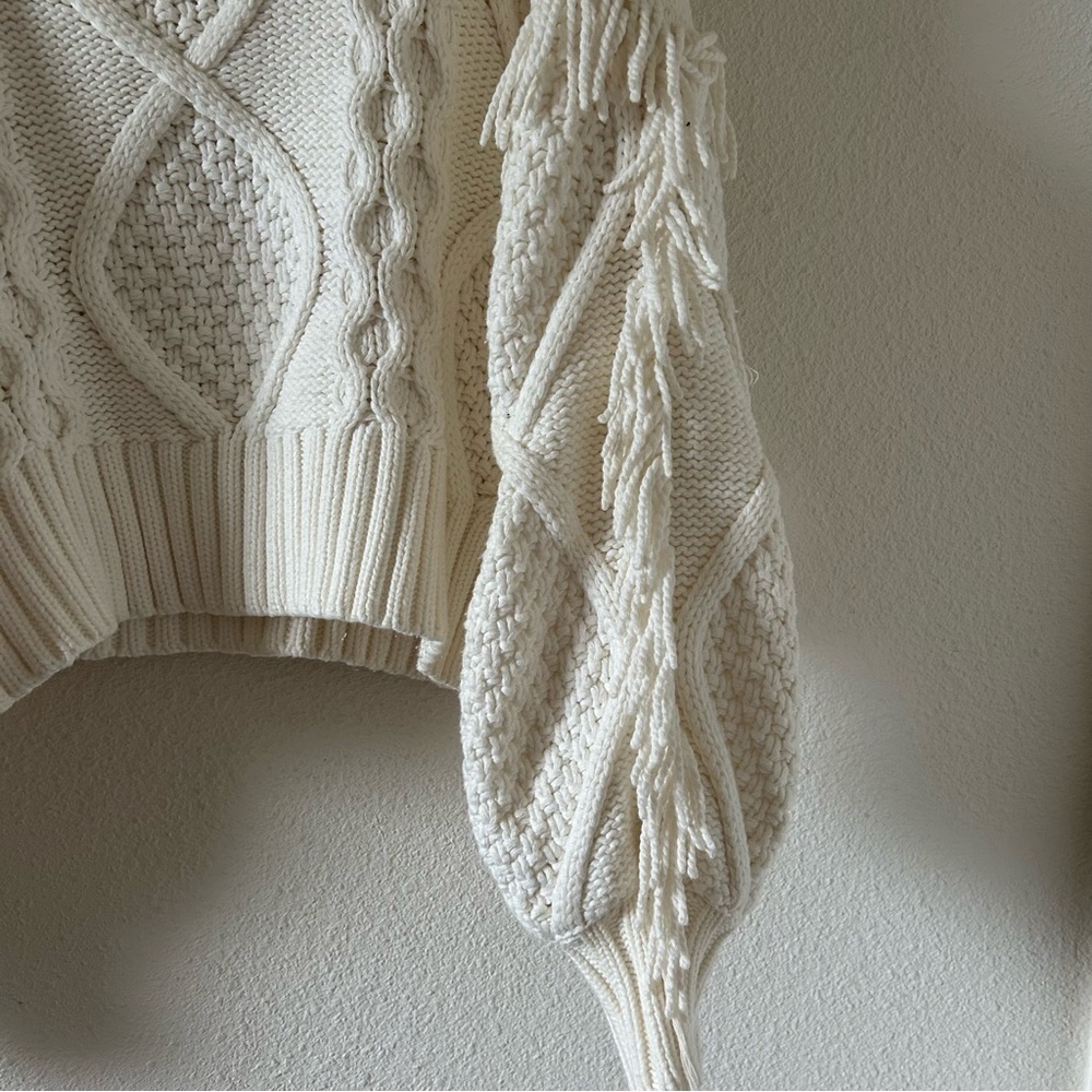 Line + Dot Women’s Knit Sweater XS off white Chunky Fringe Oversized Cottagecore - Picture 13 of 15